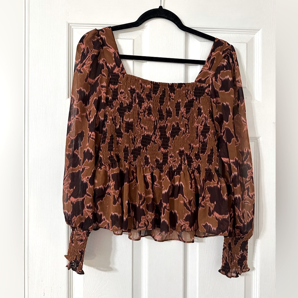 Brown Square Neck Smocked Top